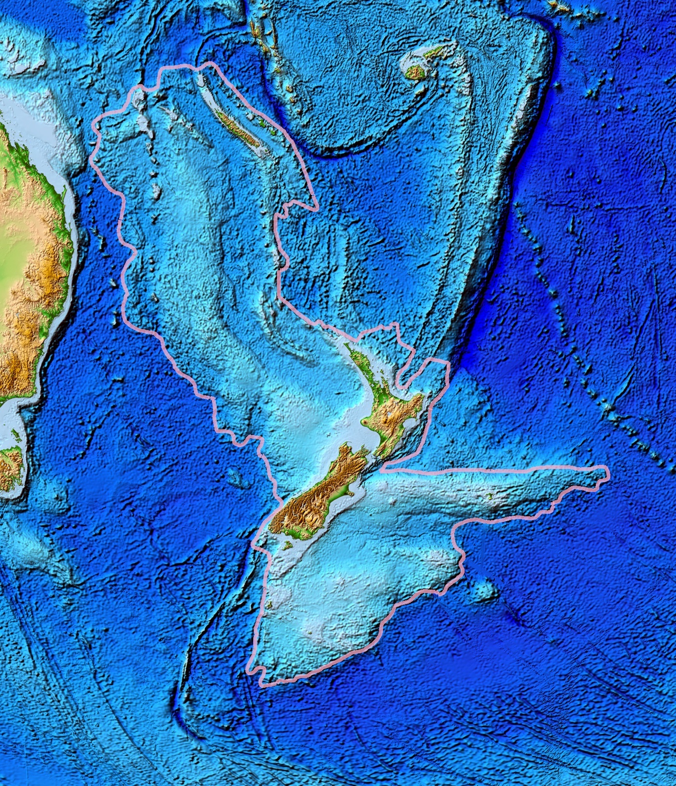 Topographical map showing the size and location of the underwater portion of the continent of Zealandia. It stretches to the southeast of New Zealand, and far to the Northwest, almost to Australia