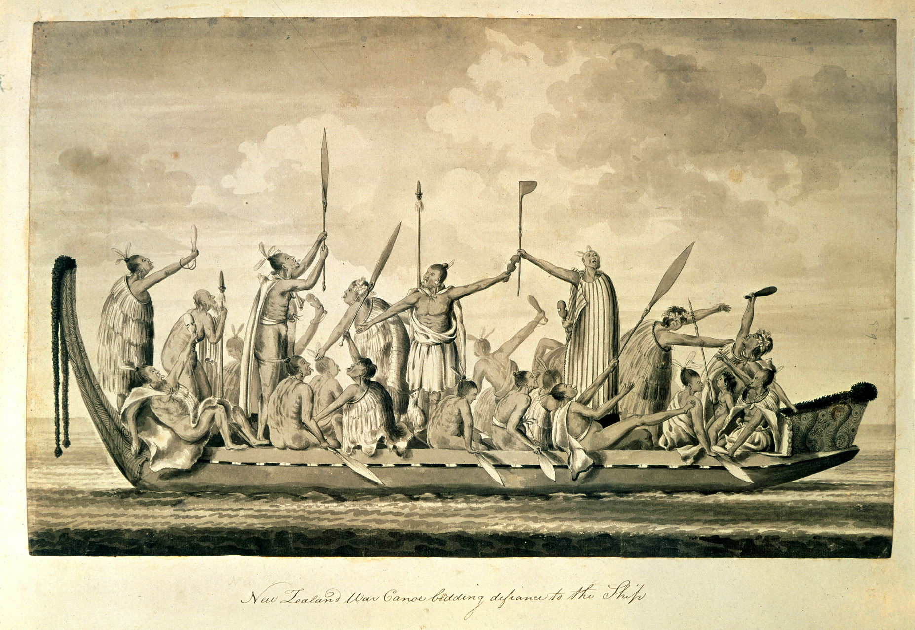 New Zealand war canoe bidding defiance to the ship. The canoe has a high prow, and elaborately carved stern. it is full of Māori warriors in traditional dress, weapons in hand and calling war cries.