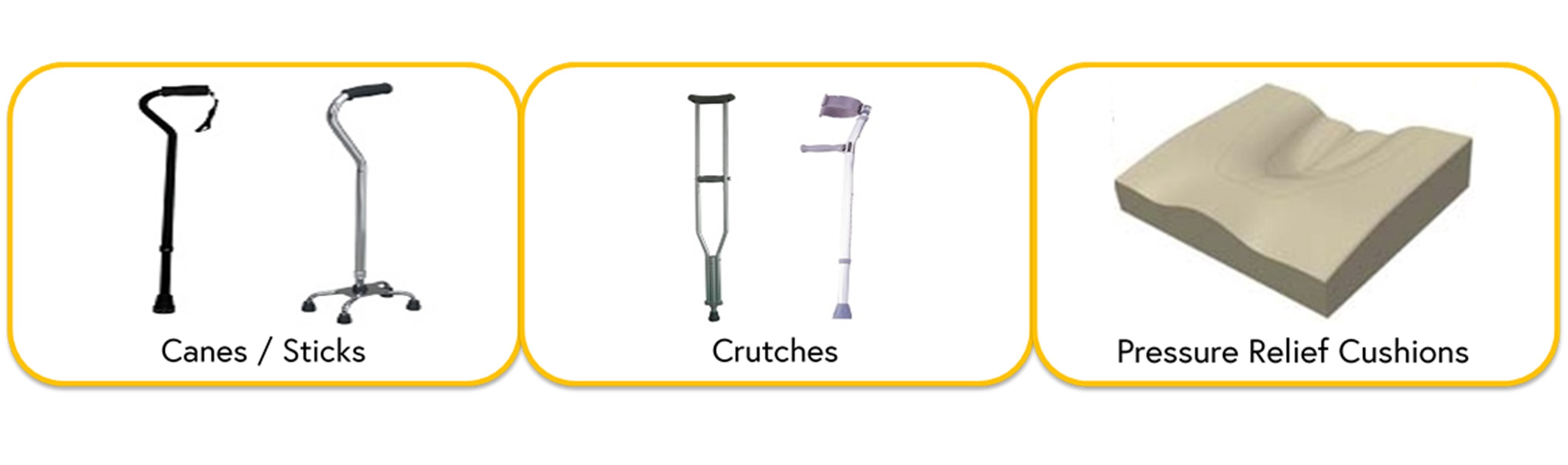 Images of three assistive products with their relevant name underneath image. Images are of canes/sticks, crutches and pressure relief cushions