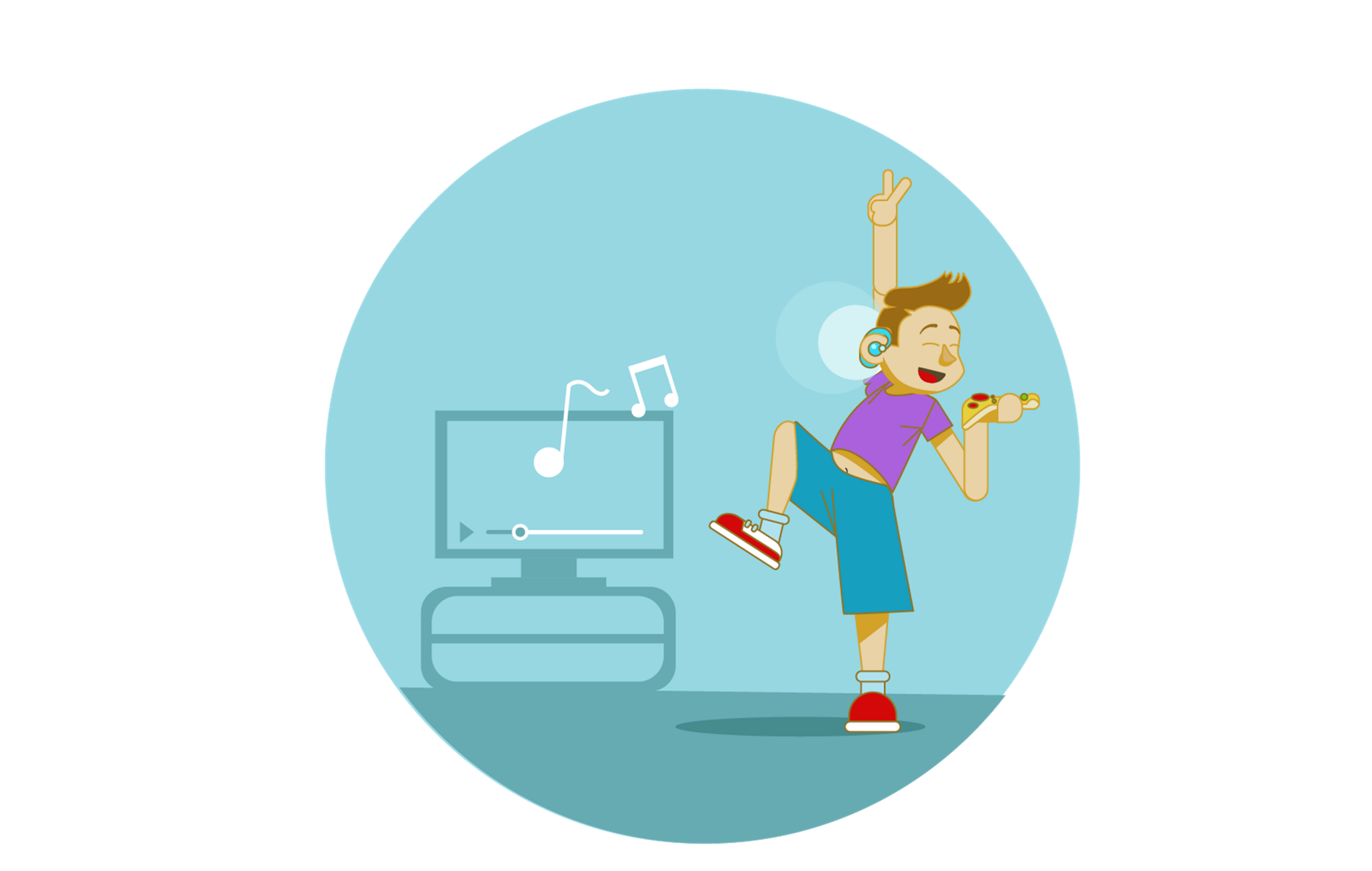 Illustration of a young boy with a hearing impairment. He is dancing and holding a slice of pizza