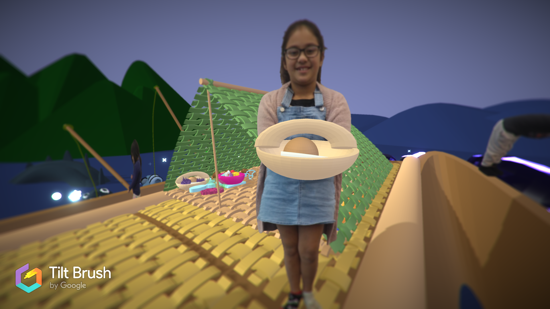 Student shows food items to sustain Polynesian explorers in a virtual reality world.