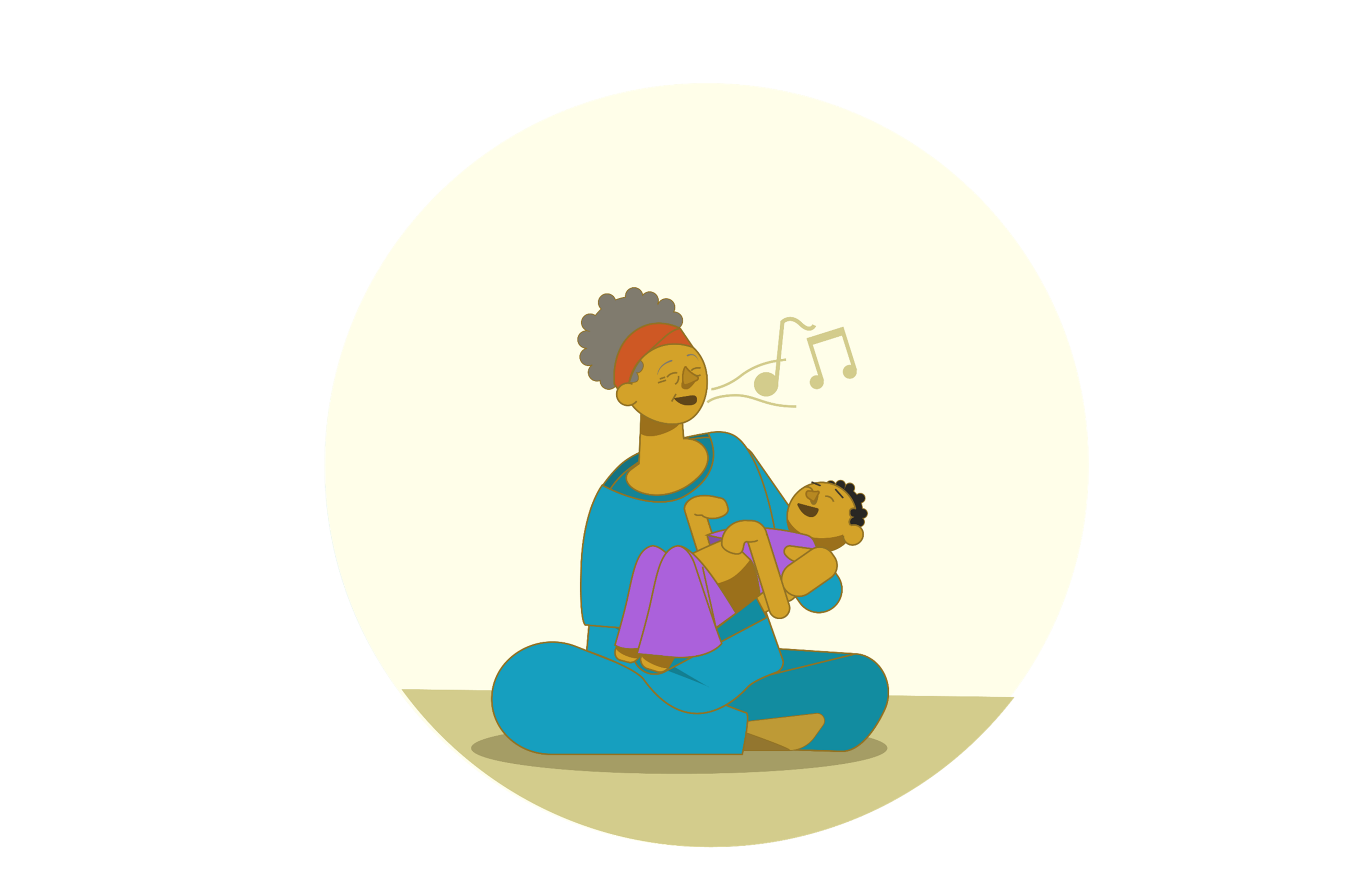 An illustration of a woman holding a girl in her lap and singing to her