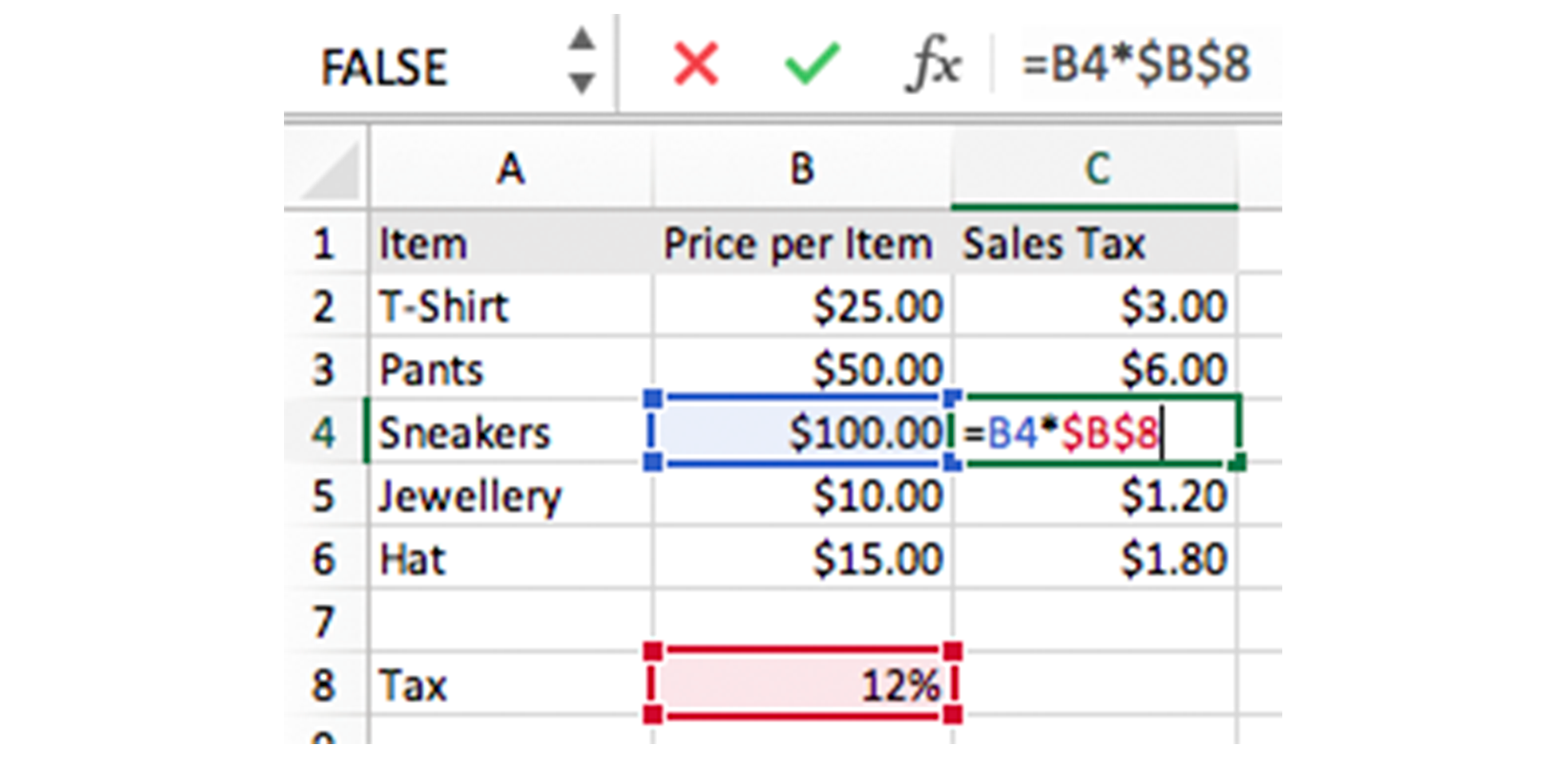 Screenshot of a formula with an absolute reference Microsoft Excel