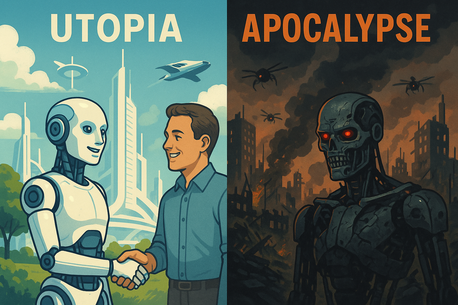 Utopia vs apocalypse regarding how AI can shape our world (improvement vs destruction) [ChatGPT]. 