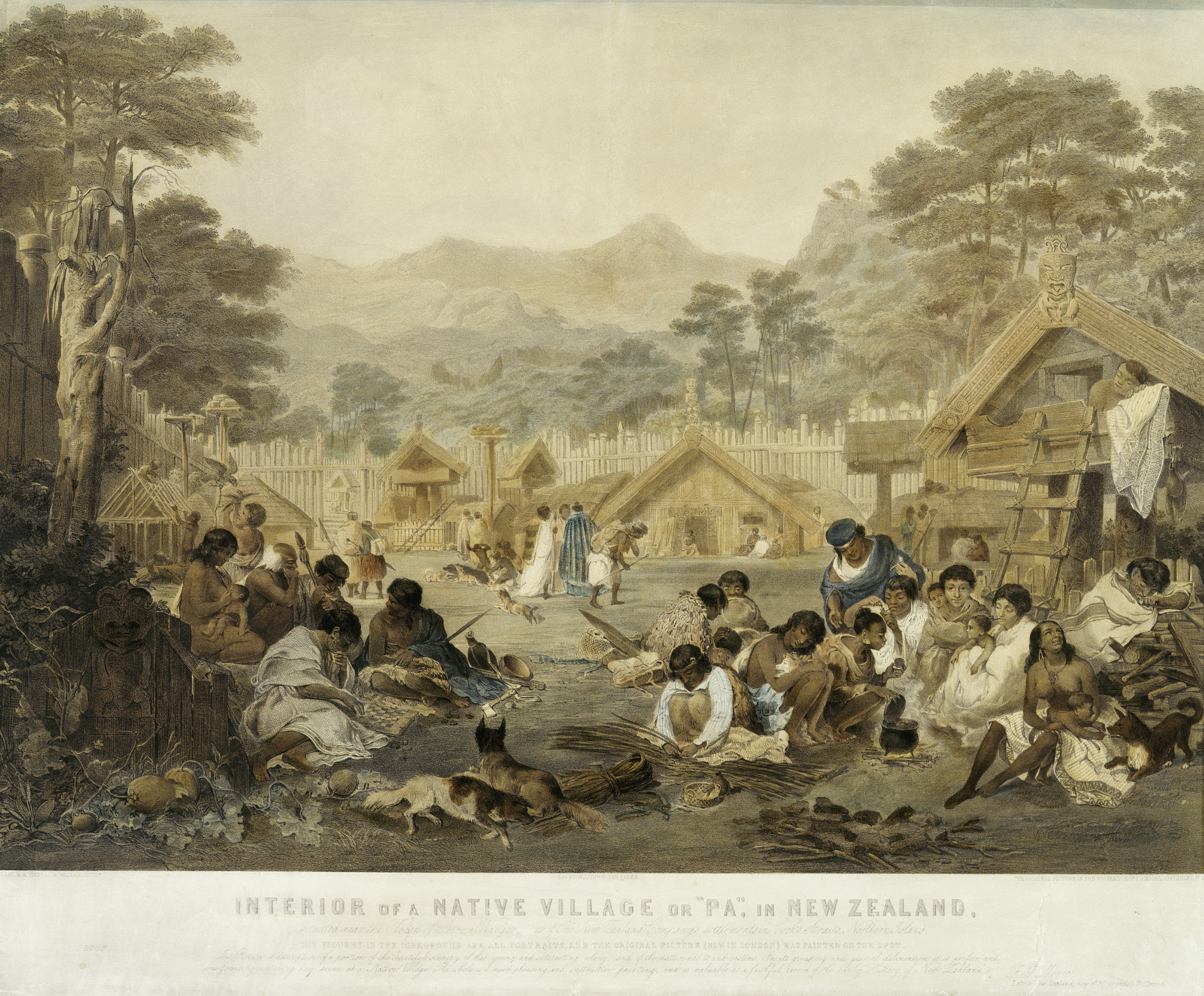 a coloured drawing of a bustling Māori pā. This walled village includes elaborately carved building, and many women are busy weaving and caring for children. dogs rest in the foreground.