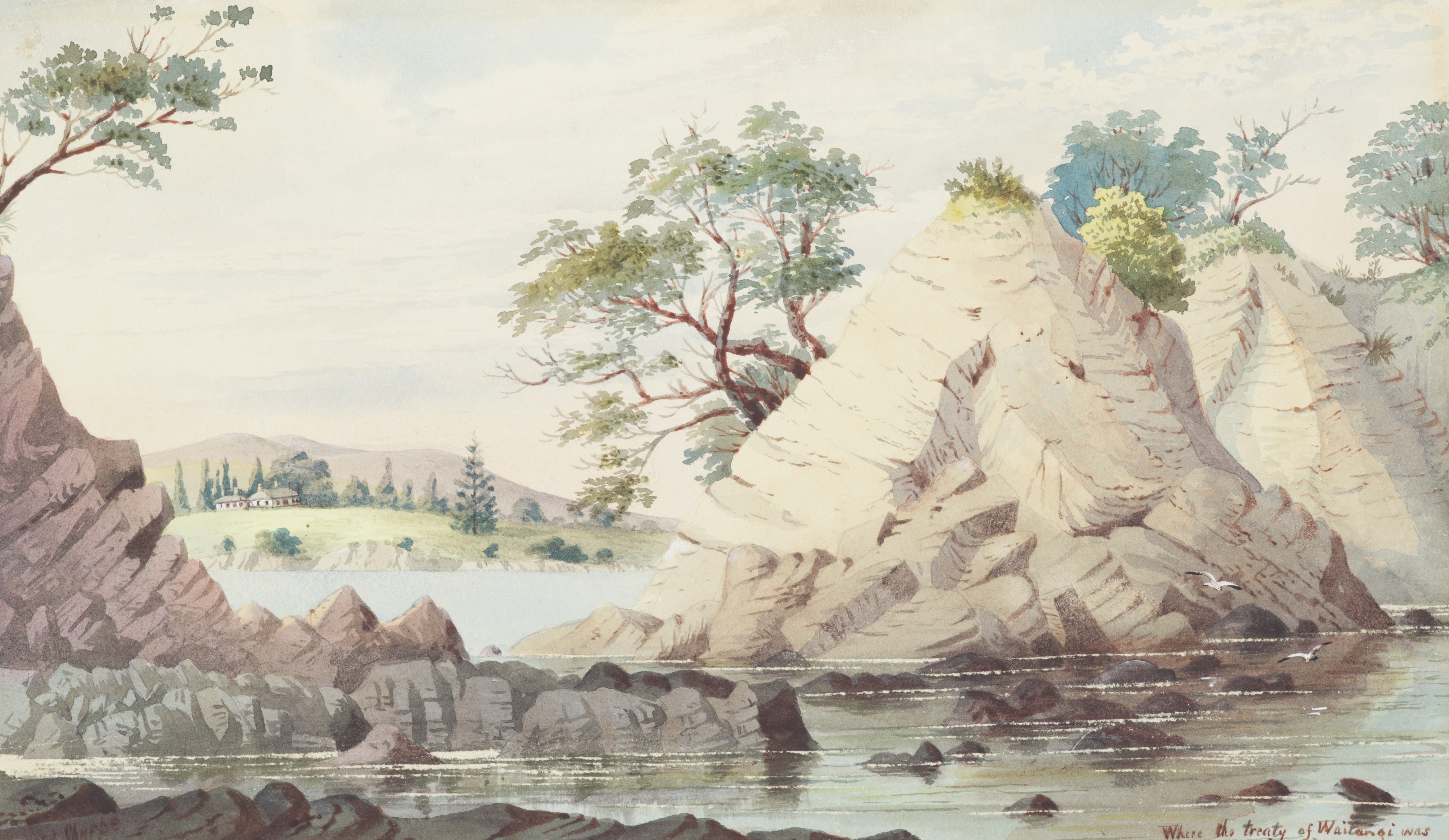 an old pastel-coloured painting of a bay. In the distance a colonial house sits on a gently rolling rise. In the foreground, large rocks jut out of the sea with hardy trees and bushes clinging to them.