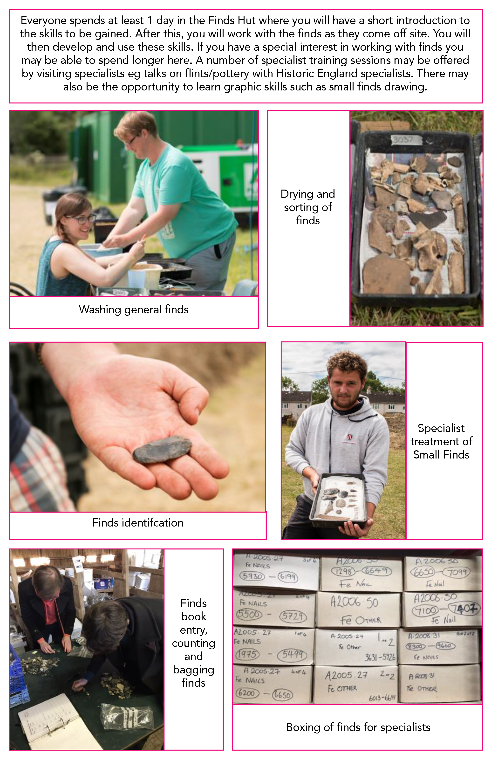 Everyone spends at least 1 day in the Finds Hut where you will have a short introduction to the skills to be gained. After this you will work with the finds as they come off site. You will then develop and use these skills. If you have a special interest in working with finds you may be able to spend longer here. A number of specialist training sessions may be offered by visiting specialists e.g. talks on flints/pottery with Historic England specialists. There may also be the opportunity to learn graphic skills such as small finds drawing: - Washing general finds - Drying and sorting of Finds - Finds identification - Specialist treatment of Small Finds - Finds book entry, counting and bagging finds - Boxing of finds for specialists