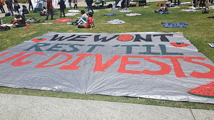 Protest sign displayed on university lawn that says: "We Wont Rest 'Til UC Divests."