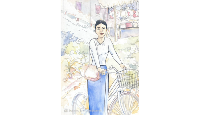 a woman from Myanmar with a bicycle