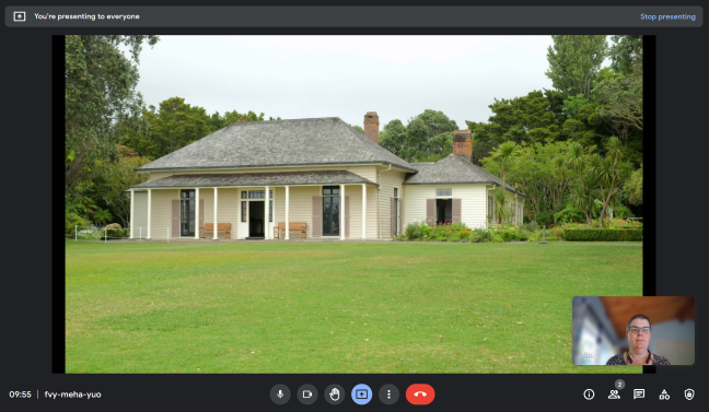 Presenting an image of the Waitangi Treaty House in Google Meet