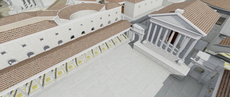 A digital recreation of the a white building with a large rectangular courtyard
