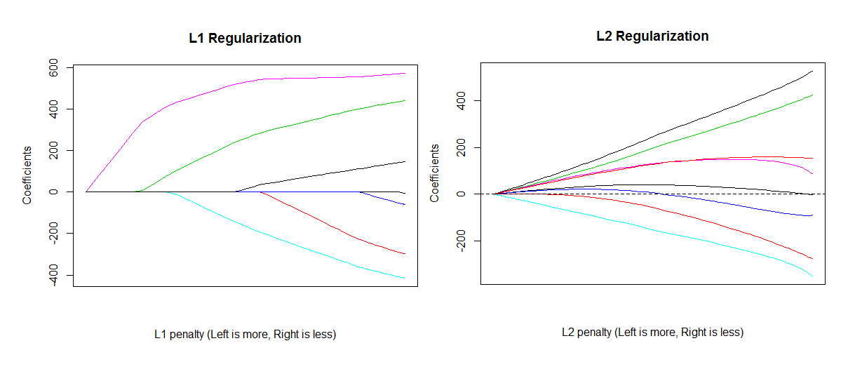 Two graphs showing the effect of increasing the regularization penalty for L1 and L2 regularization respectively, from 0 to infinity (where all model parameters are shrink to 0). In L1 regularization, all parameters monotonically reduce in absolute value and one by one hit zero and stick there. In L2 regularization, the sum of the squared value of all parameter monotonically shrinks towards zero, but individual parameters can increase in absolute value, and cross zero. They only stick at zero when the penalty reaches infinity.
