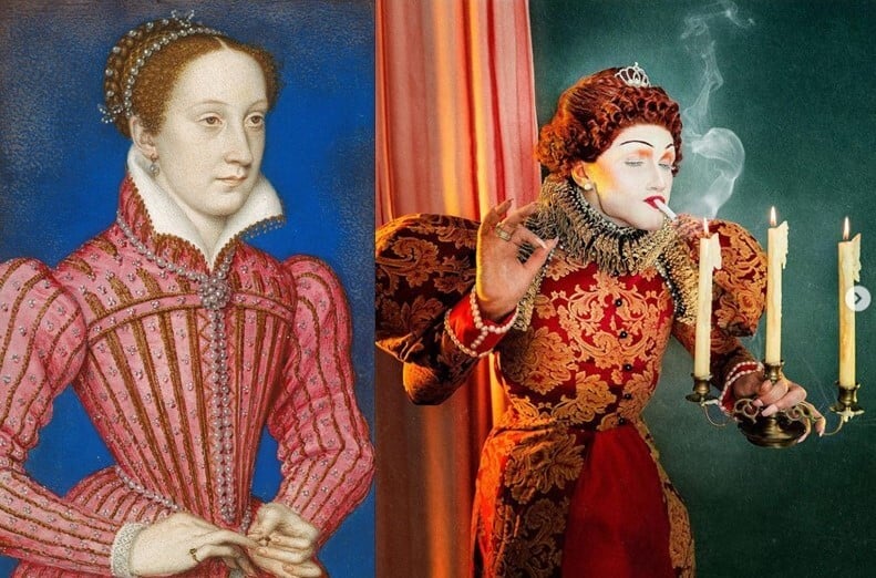 On the left is a painting of Mary with red hair pinned up and a pearl headdress. Her gown is a pink-red with striped of red. The dress has a stiff collar with white on the inside. Mary hold a ring in one hand, as if about to put it on her fourth finger. On the right, is a photograph of Mary with bright red, tightly curled hair and a small crown with diamonds and pearls. Her face is pale with bright red lipstick and orange and green eye shadow. She closes her eyes and holds a cigarette in her mouth. She holds a candelabra with three lit candles and leans over it, as if she has just lit the cigarette. There is smoke. Her dress is elaborate, with red silk and decorative orange flowers. The sleeves of the dress are puffed up at the shoulders. The is a ruffled lace collar in gold around the neckline and extending down.