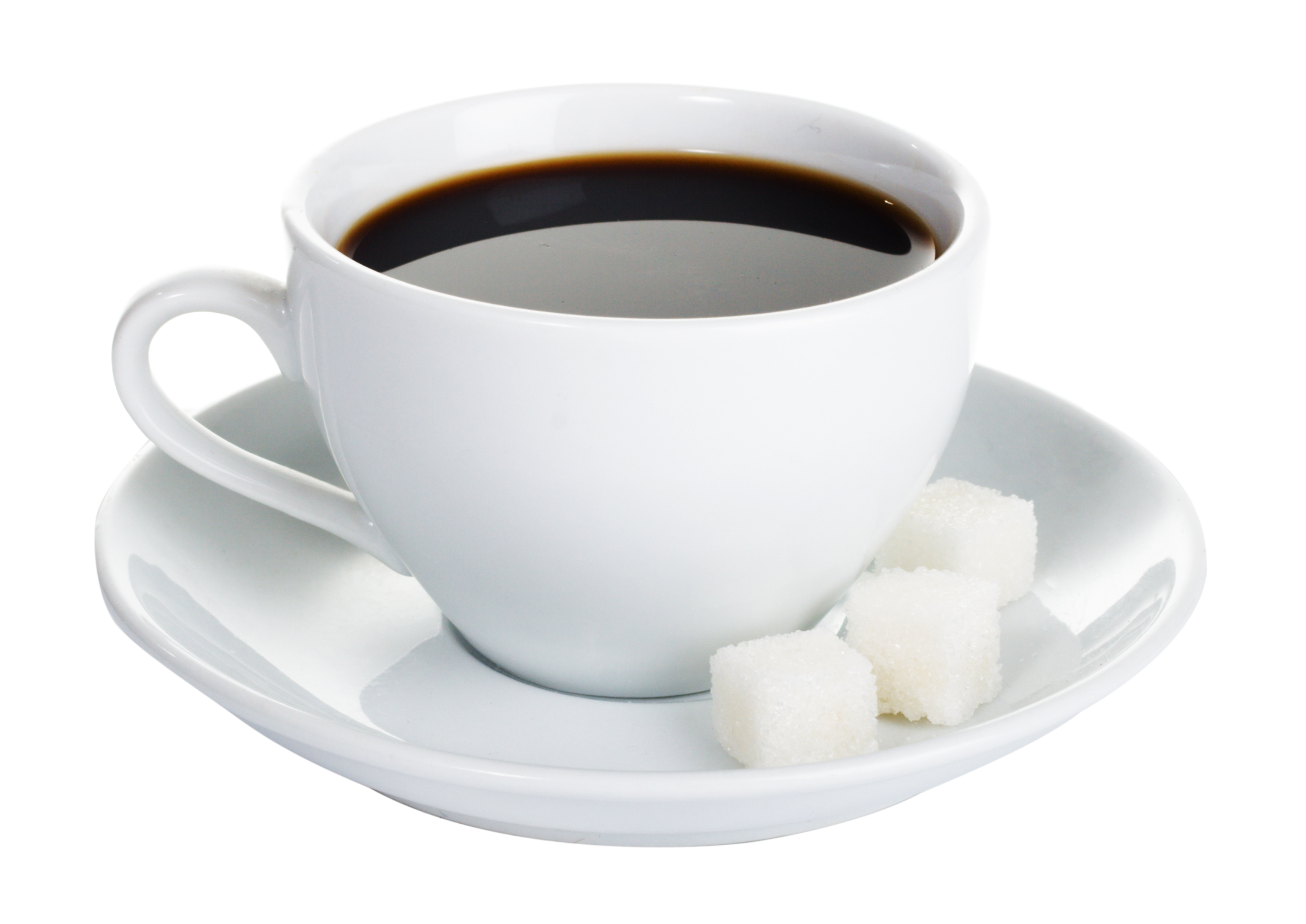 A cup of coffee and three cubes of sugar