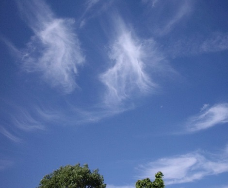 Small wispy white clouds against a light blue sky