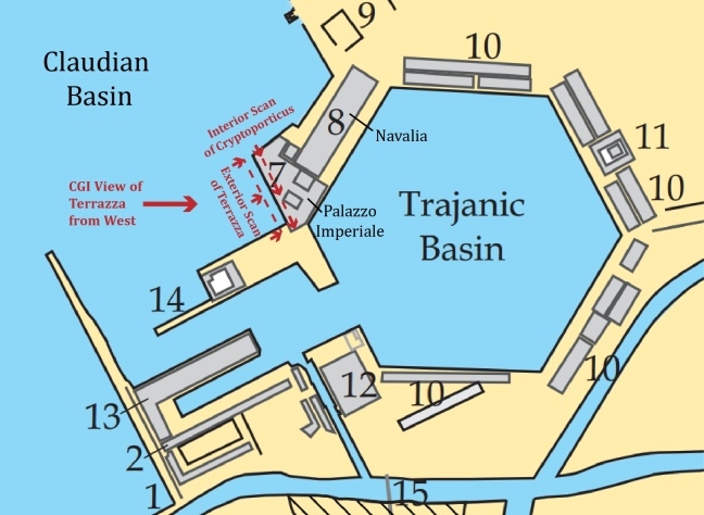 Map by Matthew Harrison showing the location of the scans and the CGI view above