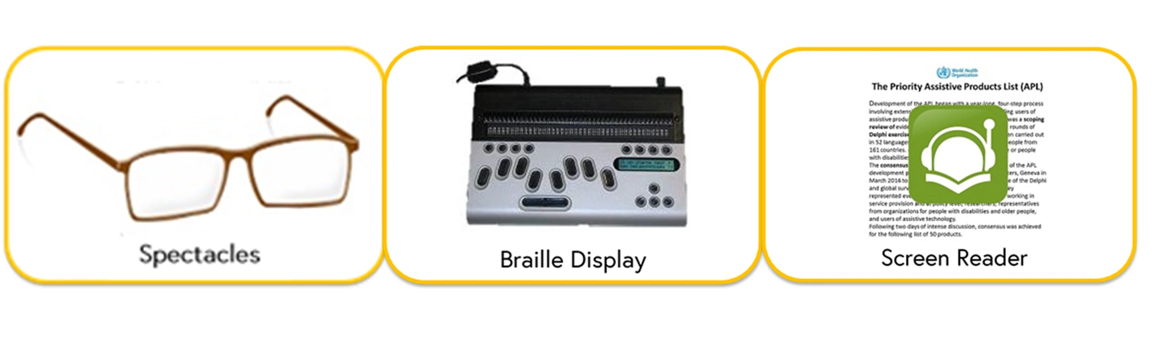 Images of three assistive products with their relevant name underneath image. Images are of spectacles, braille display and screen reader