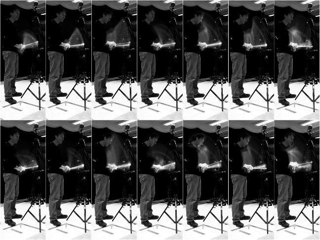 Fourteen images side by side of a Percussionist in action.