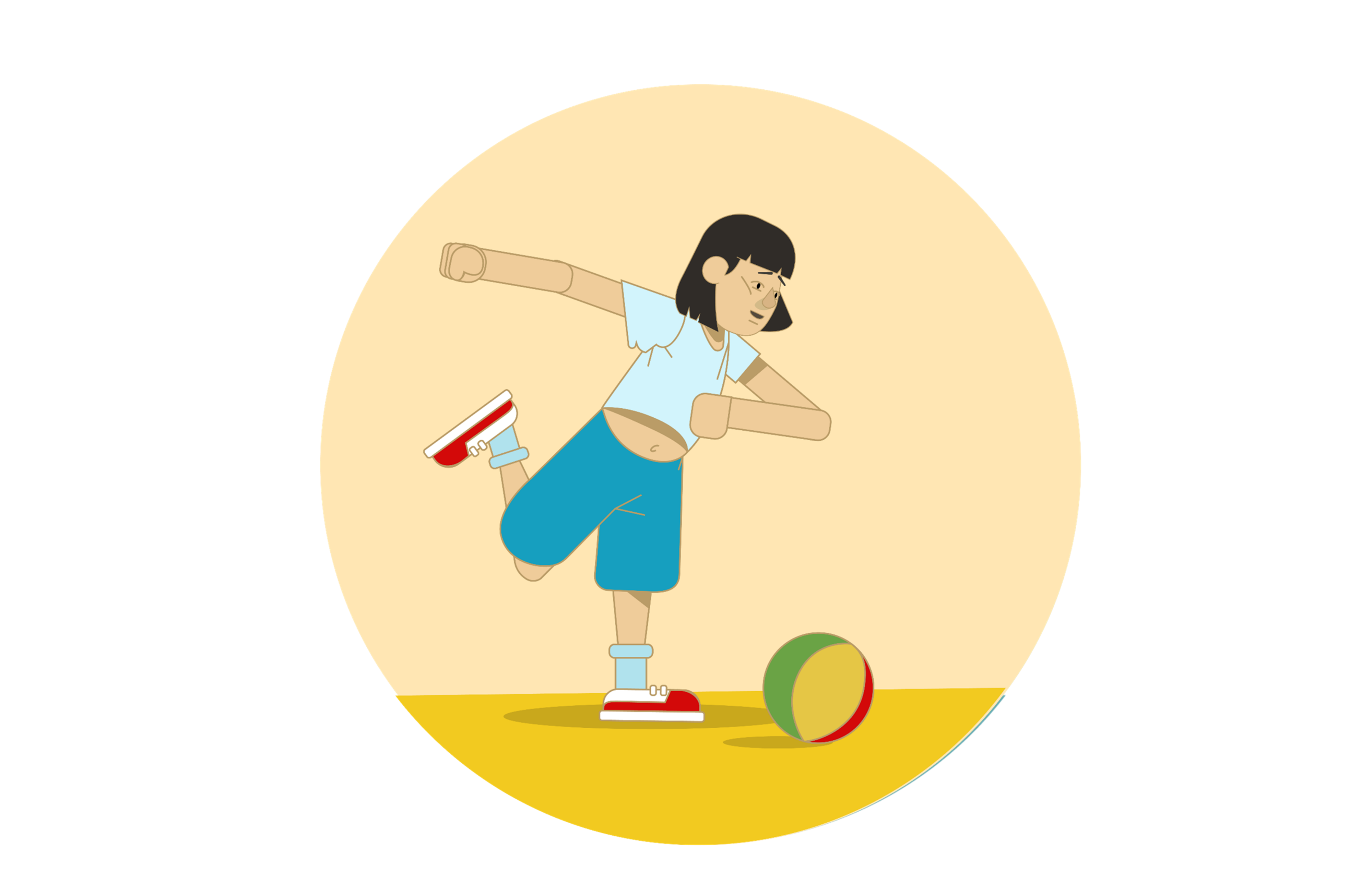 Illustration of a young girl with Down syndrome. She is playing football