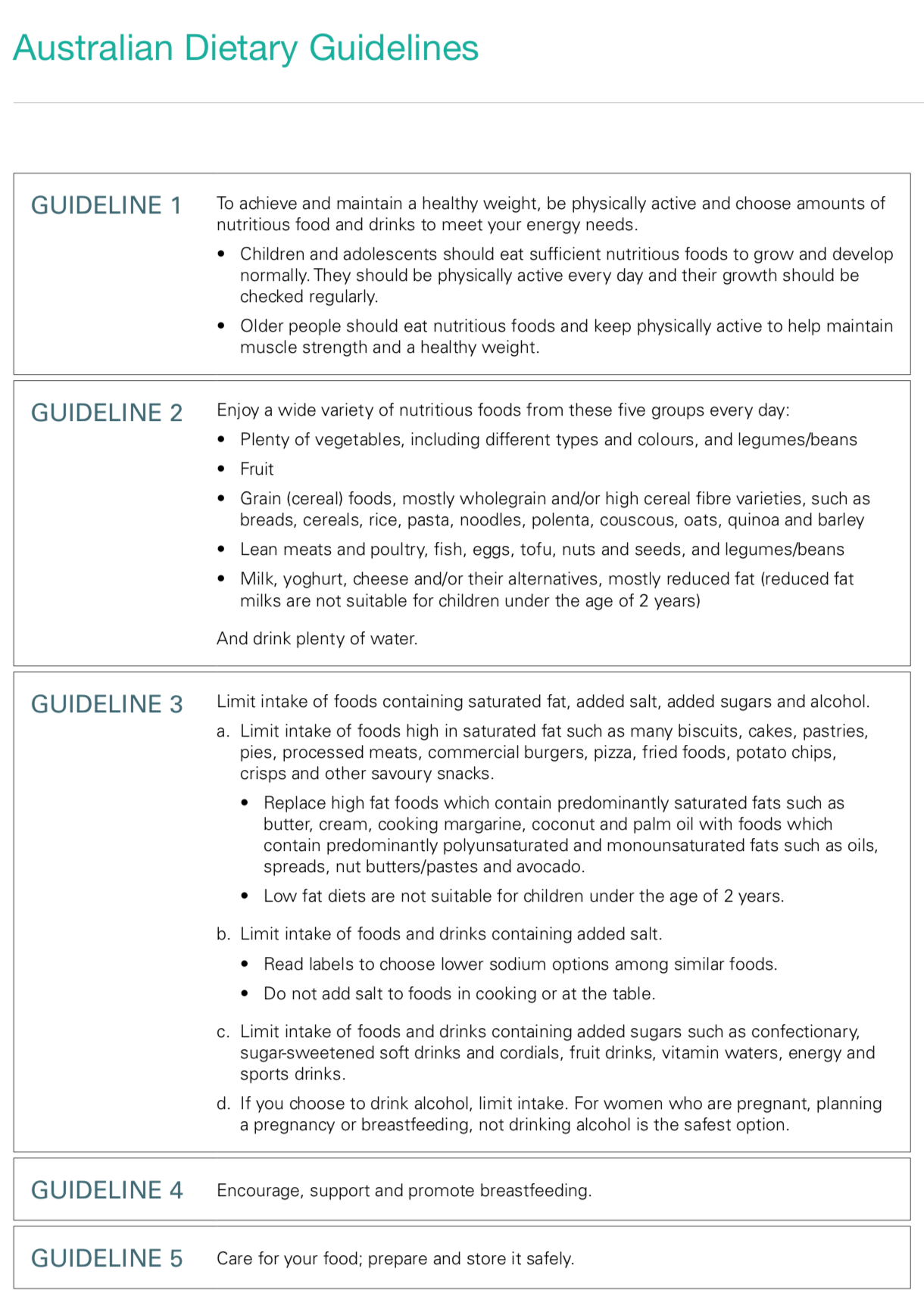 Chart of 5 Australian Dietary Guidelines from Australian Guide to Healthy Eating.