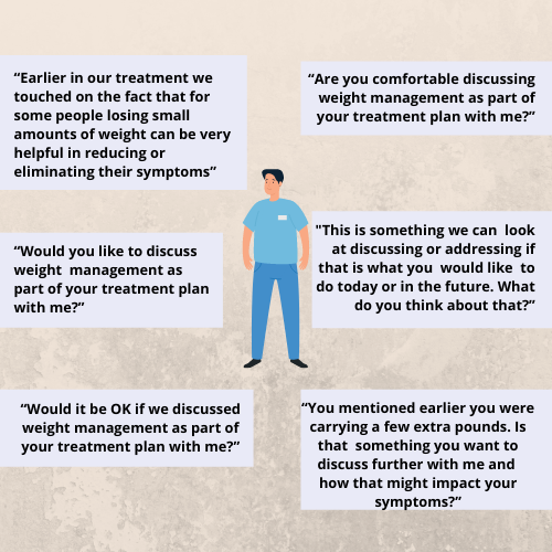 "Earlier in our treatment we touched on the fact that for some people losing small amounts of weight can be very helpful in reducing or eliminating their symptoms." "Would you like to discuss weight management as part of your treatment plan with me?" "Would it be OK if we discussed weight management as part of your treatment plan with me?" "Are you comfortable discussing weight management as part of your treatment plan with me?" "This is something we can look at discussing or addressing if that is what you would like to do today or in the future. What do you think about that?" "You mentioned earlier you were carrying a few extra pounds. Is that something you want to discuss further with me and how that might impact your symptoms?"