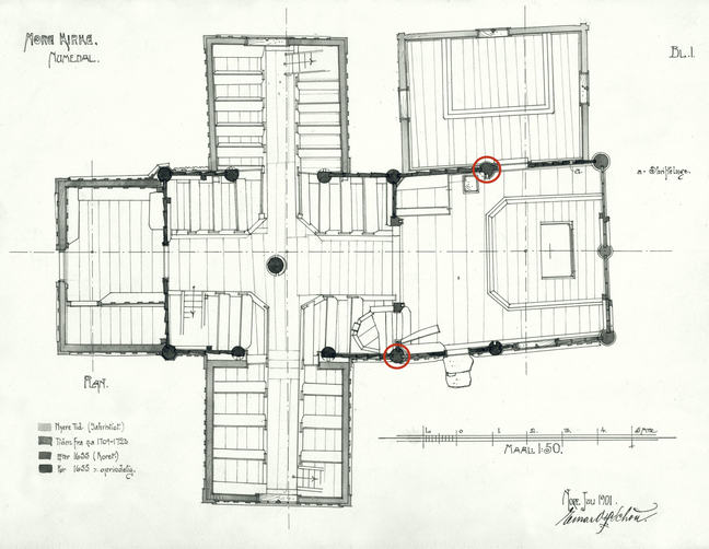 A drawing of Nore Stave Church showing the ground plan of the church.