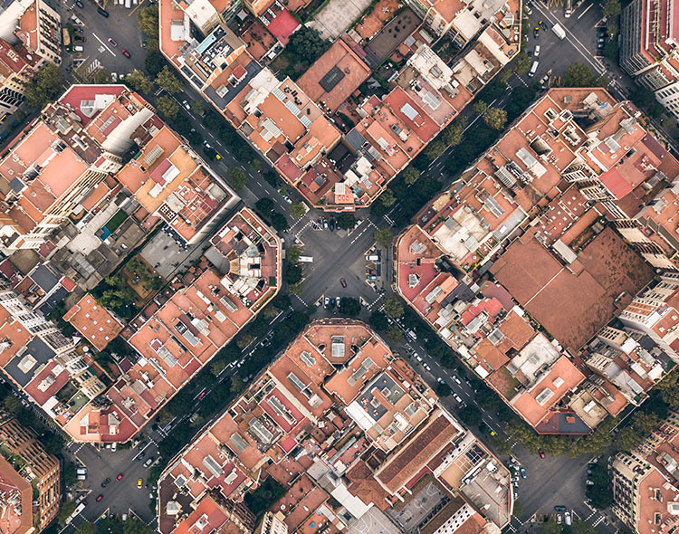 Bird's eye view of superblocks in Barcelona, Spain.