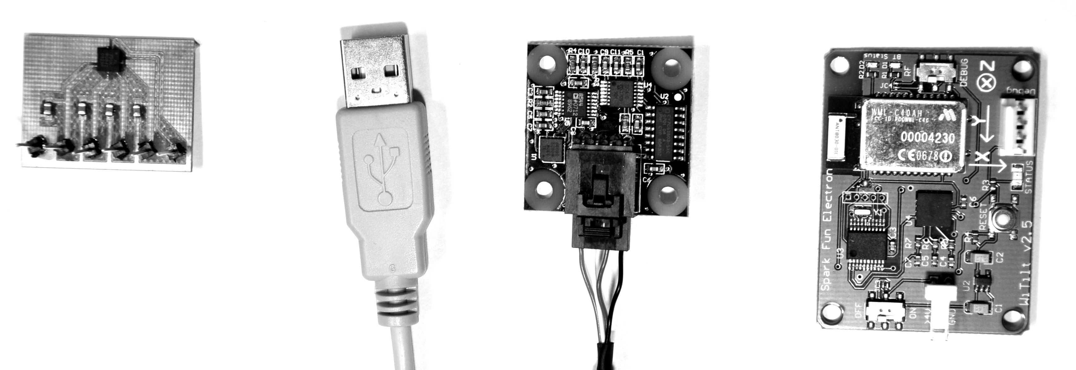 Some examples of IMUs. A tiny sensor embedded on a circuit board (left), a USB-based IMU-board (middle), a wireless board with an IMU (right).