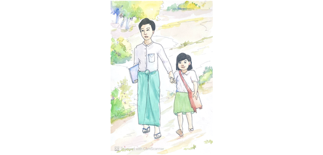 a man from Myanmar walking while holding the hand of a little girl with a satchel