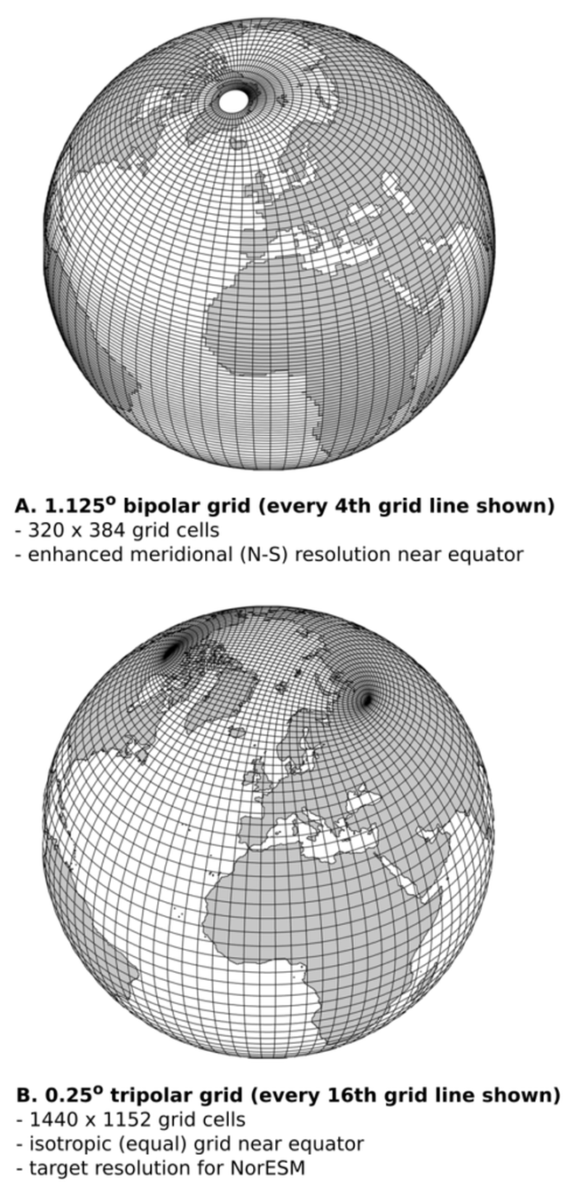 Figure 2: Bipolar and tripolar curvilinear grids at global scale