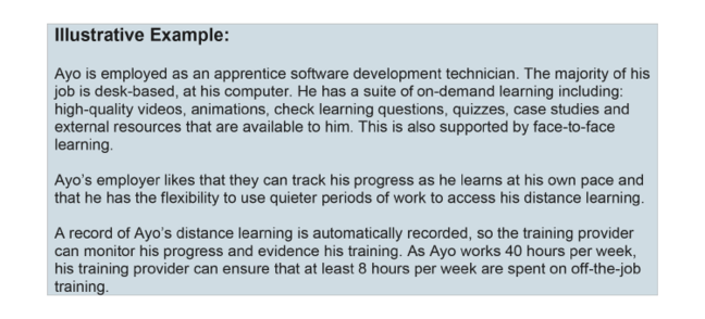 Ayo is employed as an apprentice software development technician. The majority of his job is desk-based, at his computer. He has a suite of on-demand learning including: high-quality videos, animations, check learning questions, quizzes, case studies and external resources that are available to him. This is also supported by face-to-face learning. Ayo’s employer likes that they can track his progress as he learns at his own pace and that he has the flexibility to use quieter periods of work to access his distance learning. A record of Ayo’s distance learning is automatically recorded, so the training provider can monitor his progress and evidence his training. As Ayo works 40 hours per week, his training provider can ensure that at least 8 hours per week are spent on off-the-job training.