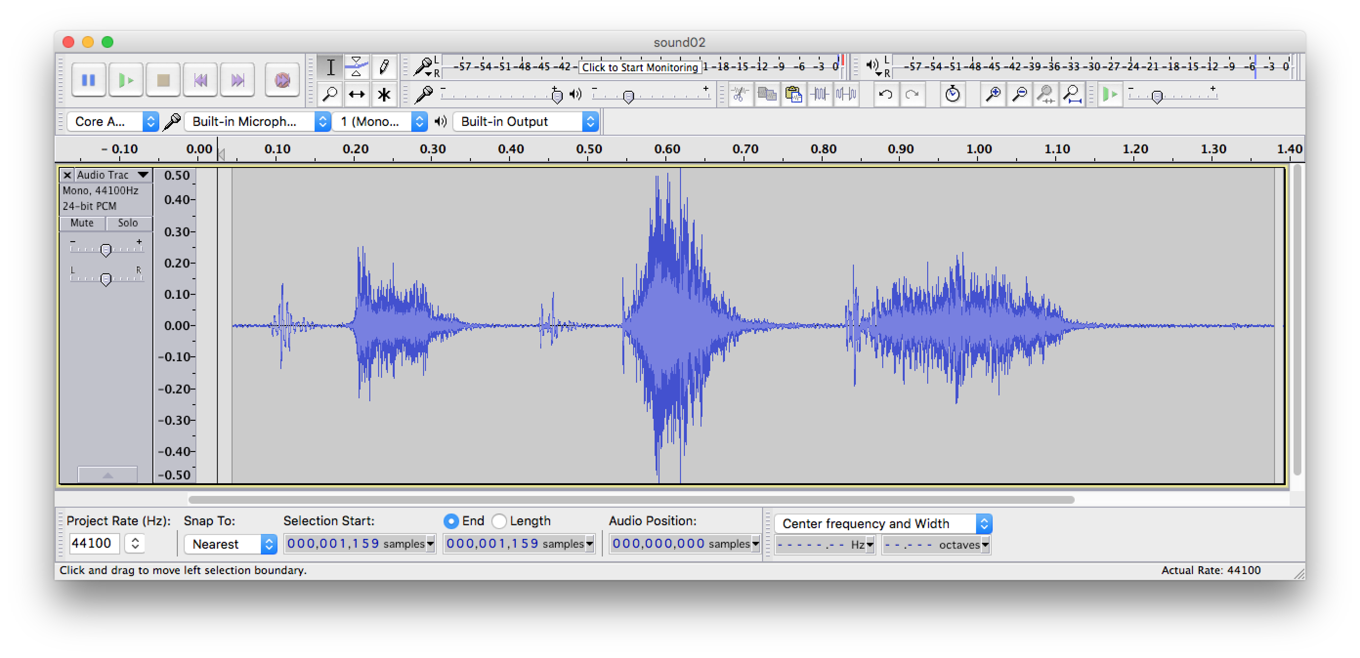 waveform Waveform zoomed out. Individual alternations above and below zero are now too small to be seen, but we may observe three large and a couple of smaller sound bursts