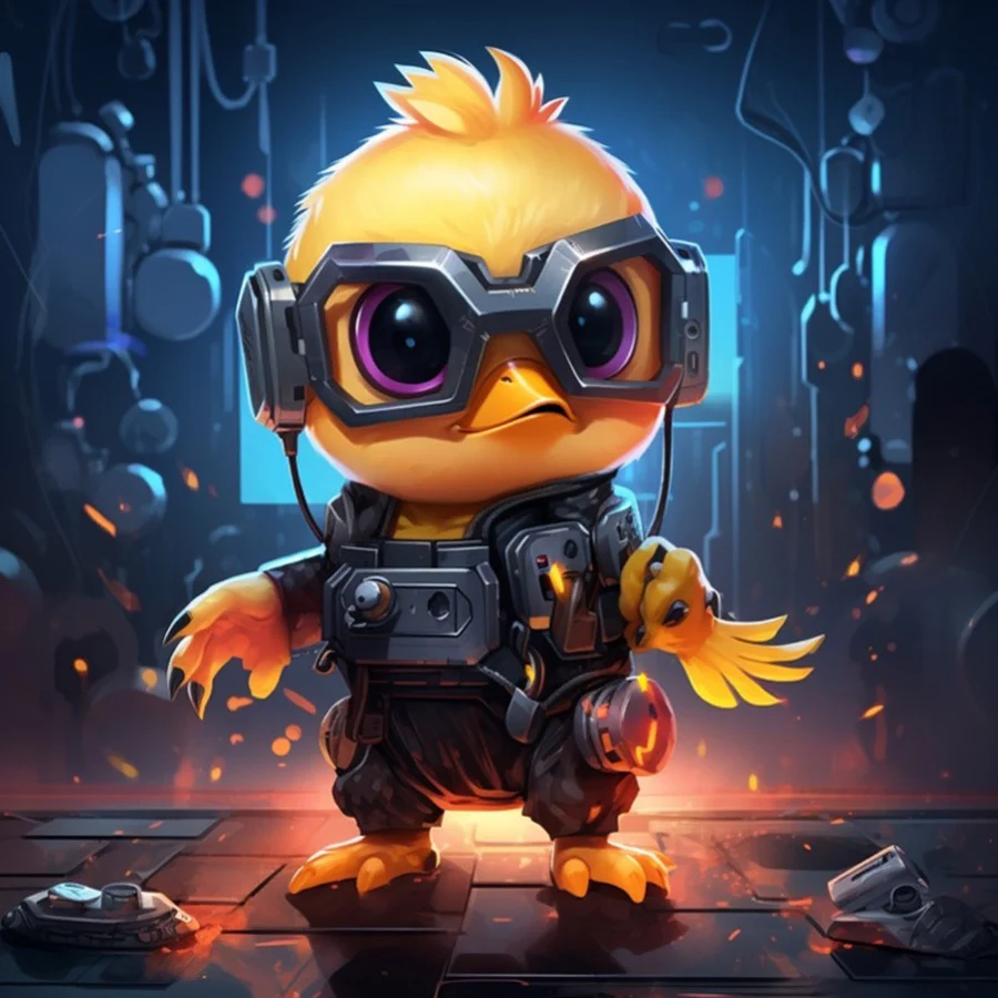 AI generated digital illustration of a cartoon character. The character is a small yellow bird wearing a black suit and goggles. The bird is standing on a metal platform with pipes and machinery in the background. The background is dark and has a futuristic, sci-fi feel. The bird’s suit and goggles have a steampunk aesthetic.  