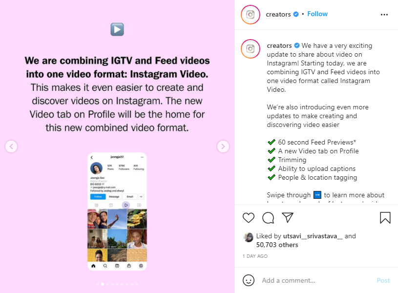 Screenshot of post announcing change to video