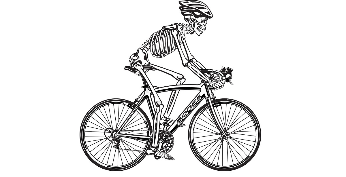 A skeleton riding a bike.