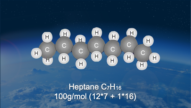 diagram showing Heptane composition C7H16 100g/mol (12*7 + 1*16) 