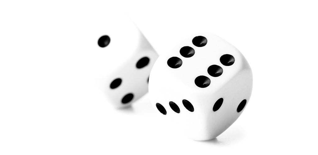 Decorative image of two die, showing a throw of six and one.