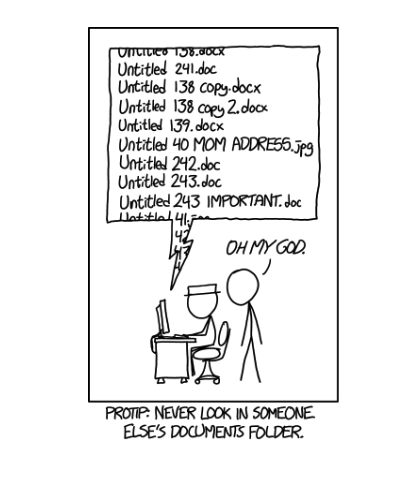 cartoon depicting one person at the computer and another looking at that Pearson's screen over her/his shoulder saying oh my god, with a tip: never look at somebody else's computer