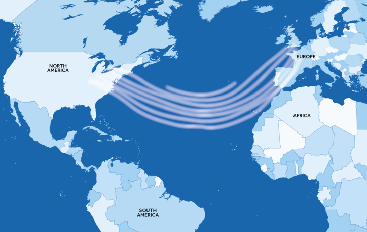 A map showing North America and Europe with curved white lines between the 2 continents(which represent a jet stream)