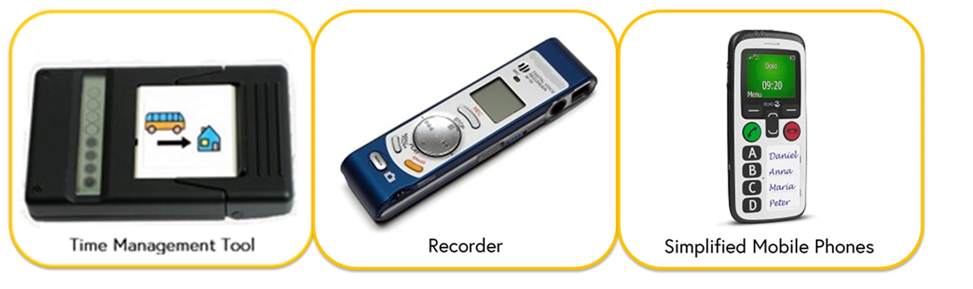 Images of three assistive products with their relevant name underneath image. Images are of Time management tool, recorder and simplified mobile phones