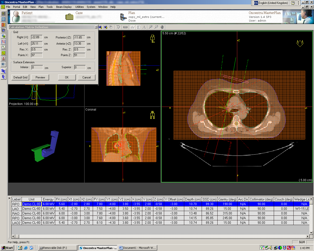 Computer screen showing information related to the 3D Conformal Radiation Therapy