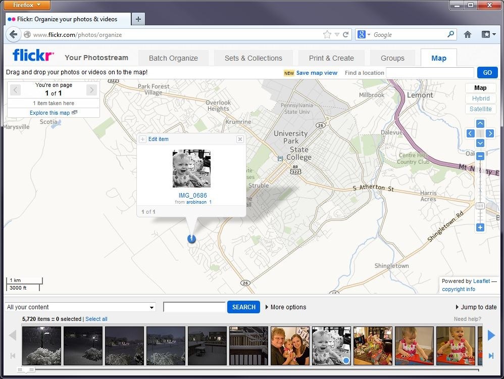 Screenshot of a Flickr map with a picture of Dr. Robinson's daughter crying