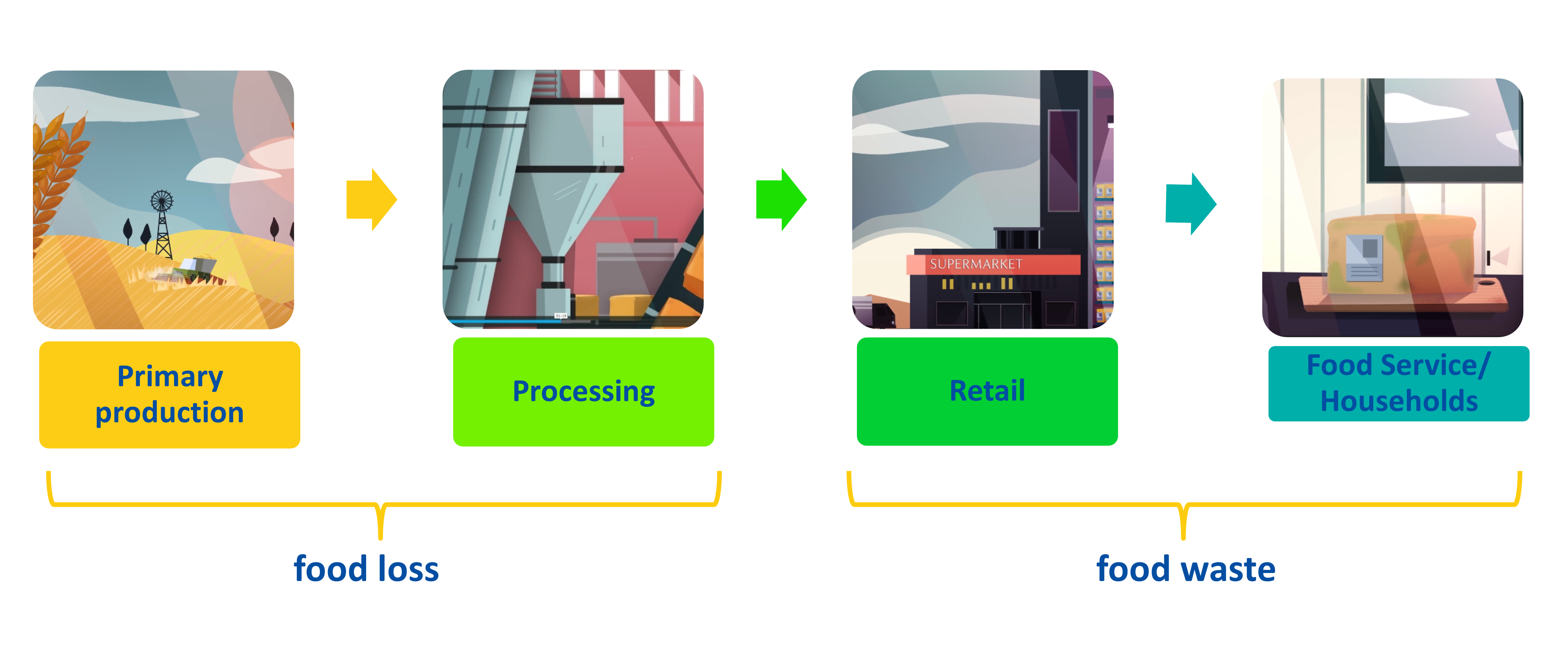 a simplified version of the food supply chain showing that food loss occurs during primary production and processing and food waste occurs at retail and food service/household levels