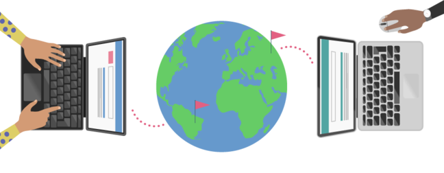 An illustration of two people using laptop computers at opposite sides of the world.