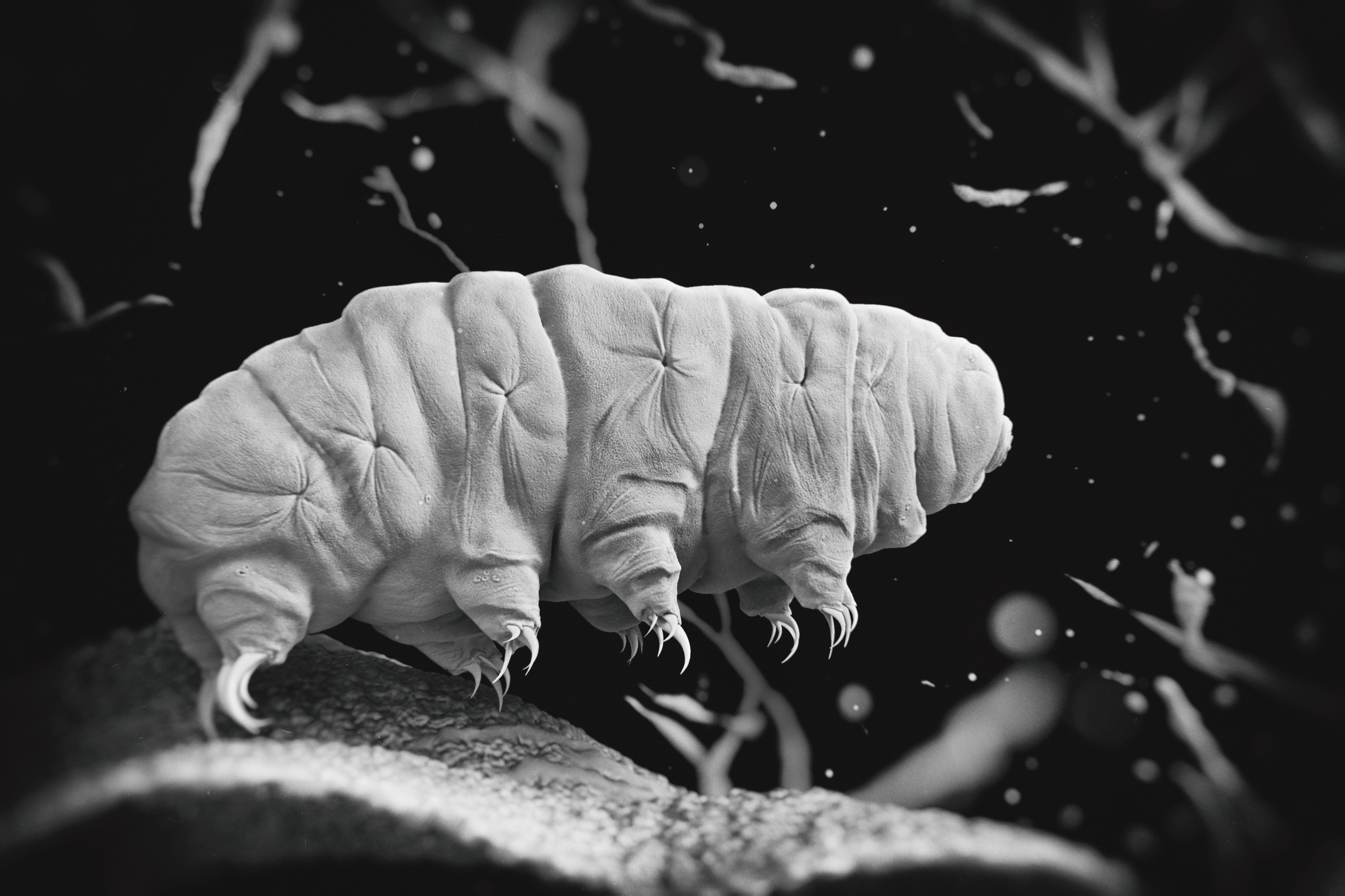 Black and White electron microscopy image of a tardigrade, aka a water bear