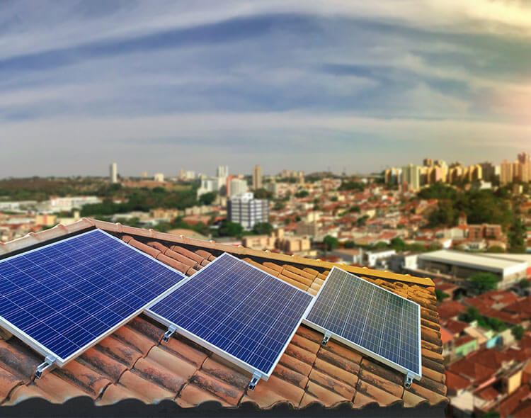 Solar panels on city rooftop.