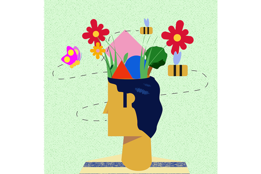 An illustrated head with plants and various geometric shapes emerging from the top, as well as a butterfly and two bees flying around the head, with a light green background.