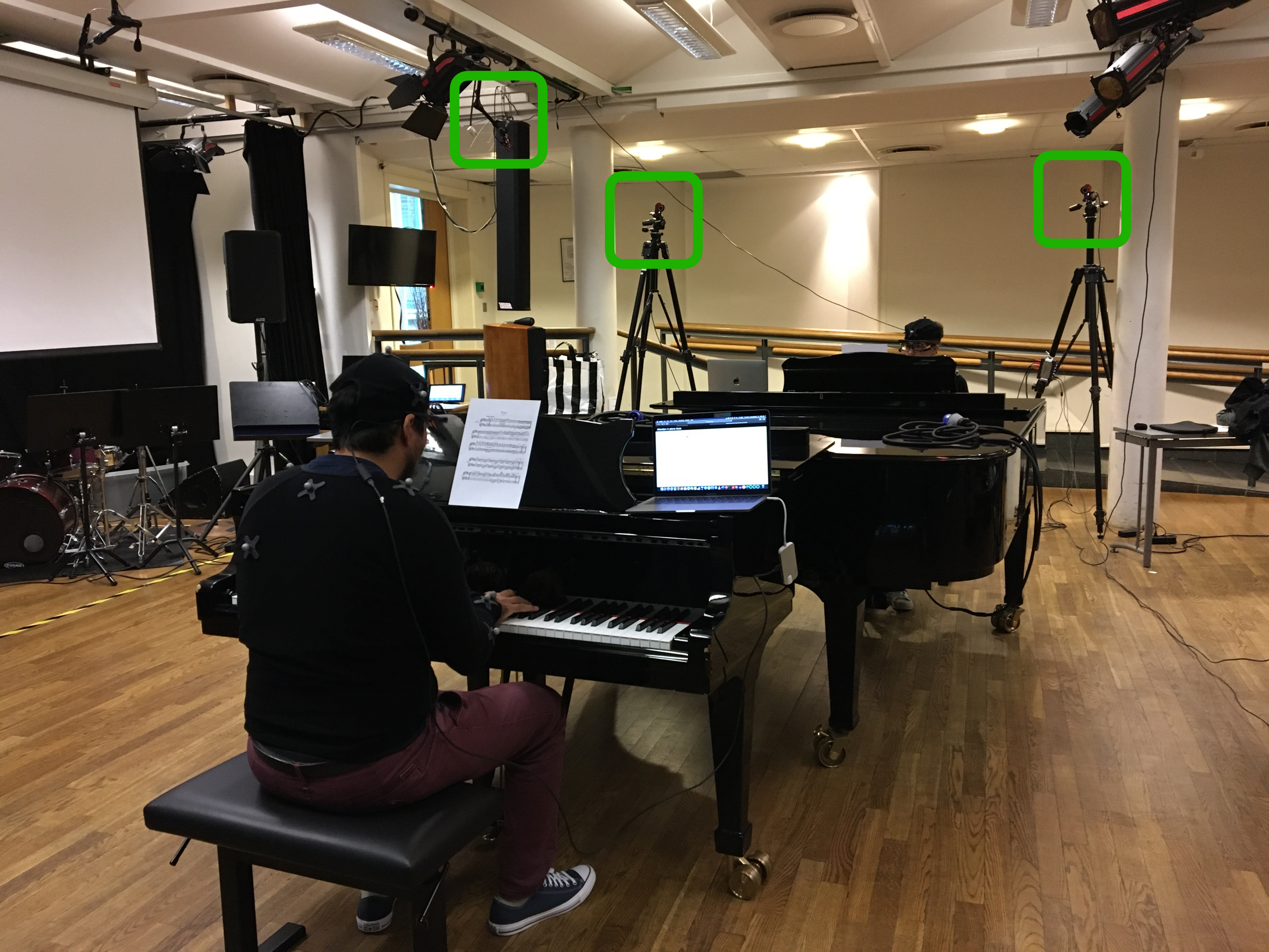 Piano duo performing, with cameras marked in green.