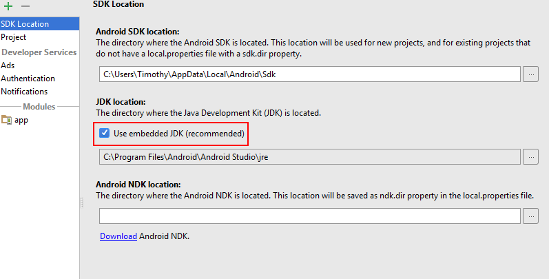 Project Structure Dialogue with 'Use Embedded JDK (Recommended)' check box highlighted
