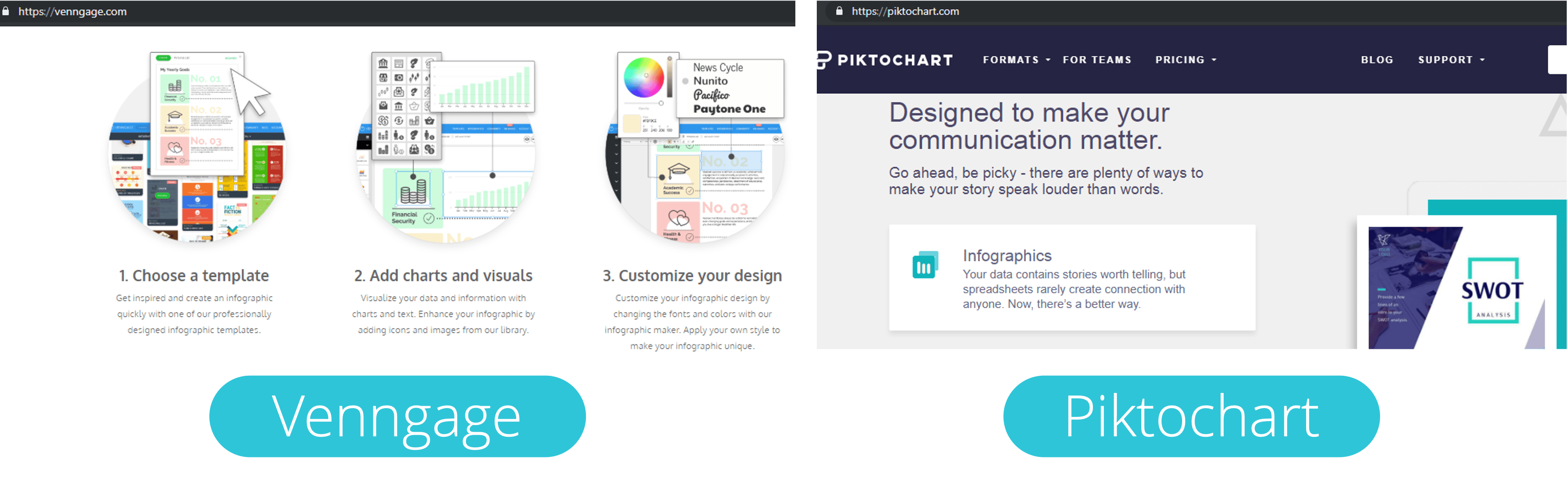 Venngage and Piktochart homepage screenshots